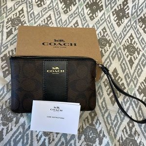 Coach Wristlet Wallet SIG PVC LTH CRN ZIP F58035 Strap Brown/Black New